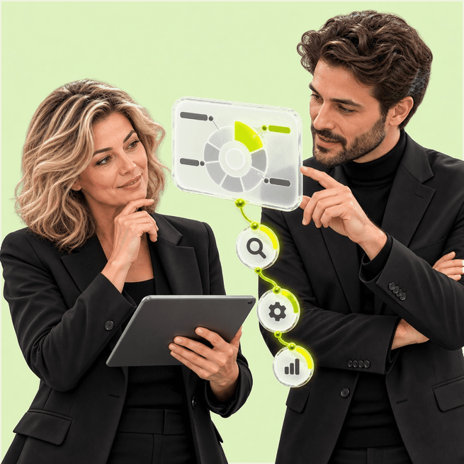 Two professionals reviewing an AI decision dashboard.