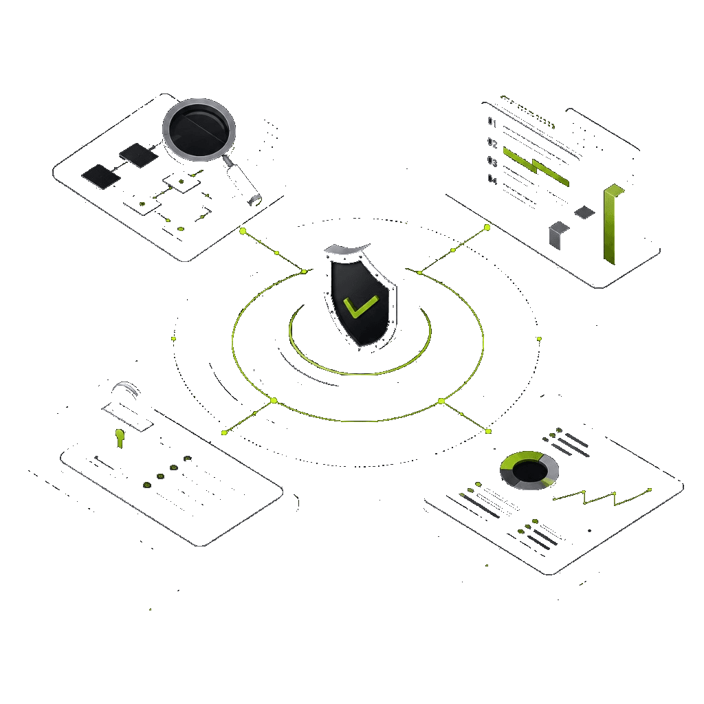 Isometric diagram: diagnostic, prioritization, governance and steering around a secure core.